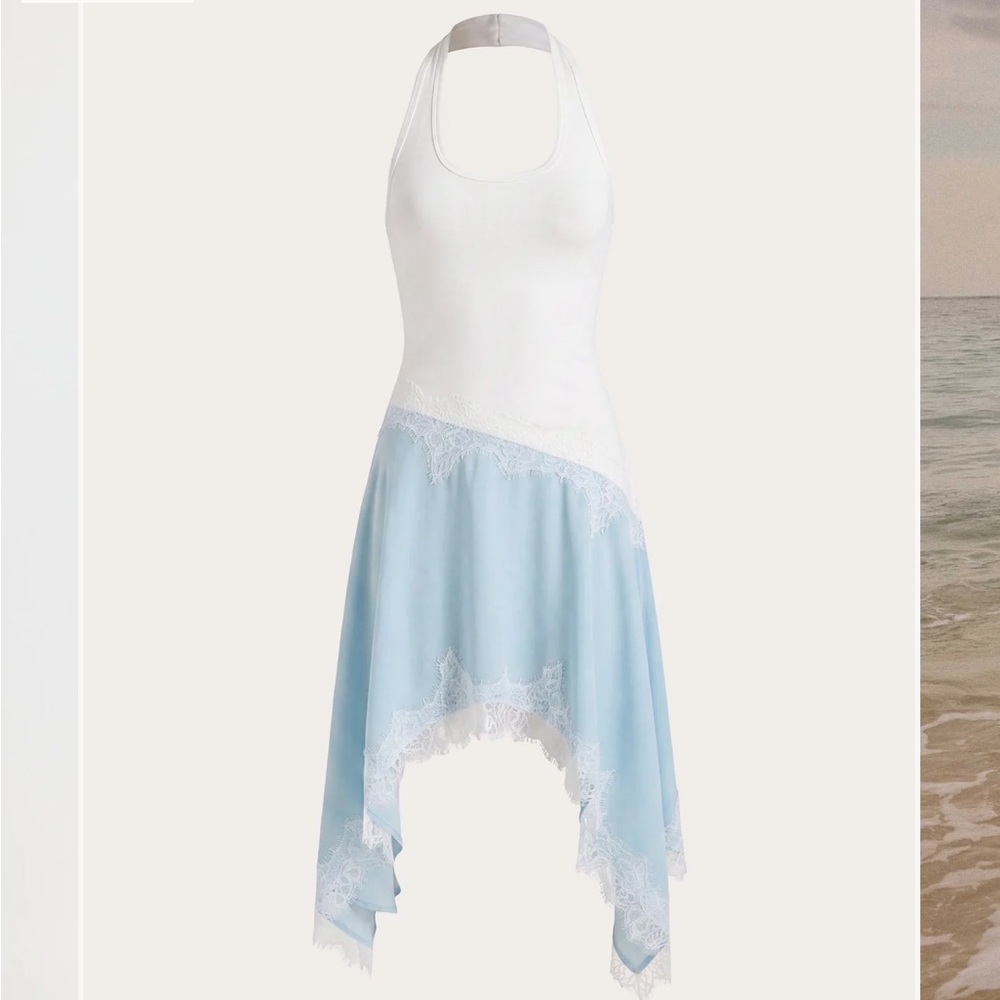 Peppermayo Brionee Midi White and Light Blue Lace Trim Halter Dress - Picture 2 of 10